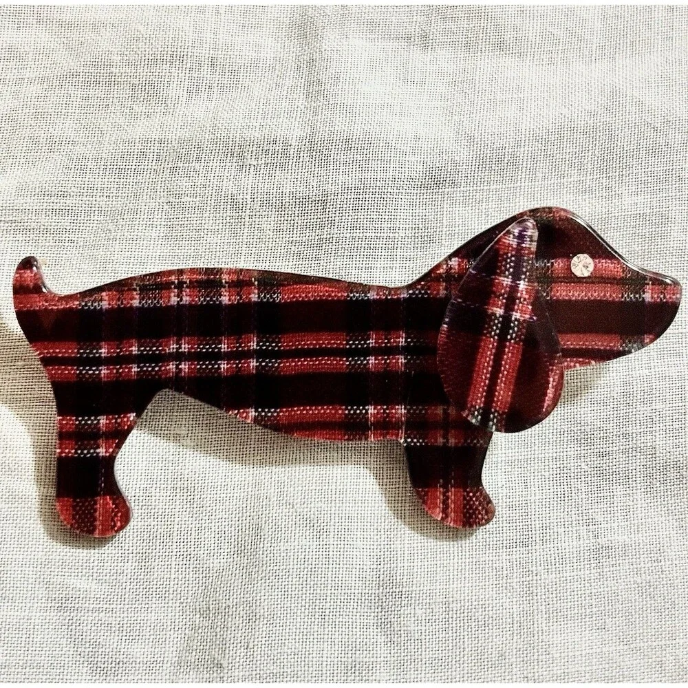 Vintage Dachshund Scotty Dog Brooch Red Plaid Lucite Rhinestone Eye Pin